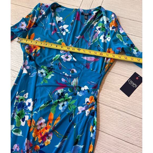 NWT Chaps cerulean blue multi color floral wrap midi dress. Poly, spandex. Sz 12 - Picture 5 of 11